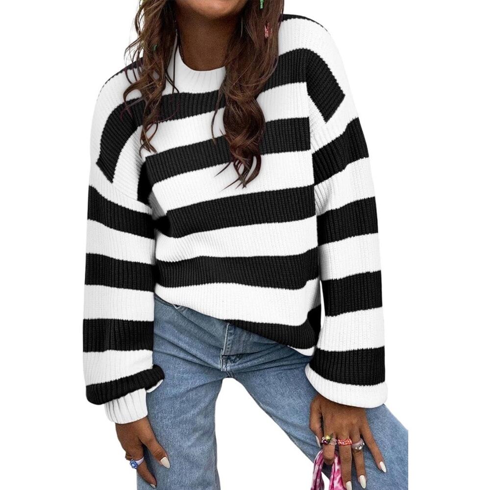 Color-Block Pullover Sweater Womens XL Black & White Lightweight Casual‎ Stripes